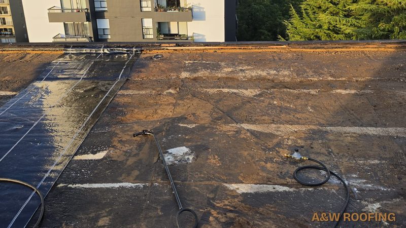 First ply of SBS base sheet going down on a stripped flat roof, West End, Vancouver, A&W Roofing Ltd